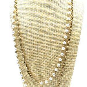 Long Gold-tone Chain and Faux Pearl Necklace